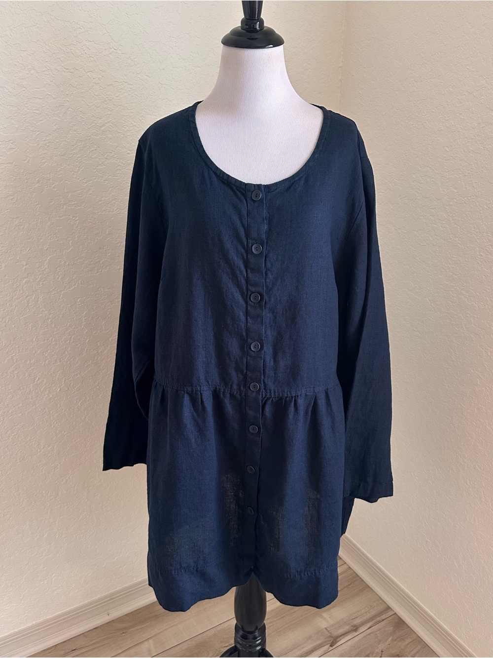 FLAX Linen Tunic Gathered Waist Large L Dark Navy Blue Has Pockets Lagenlook